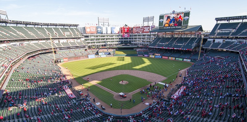 Photo of the playing field at Globe Life Park in Arlington, home of the Texas Rangers.