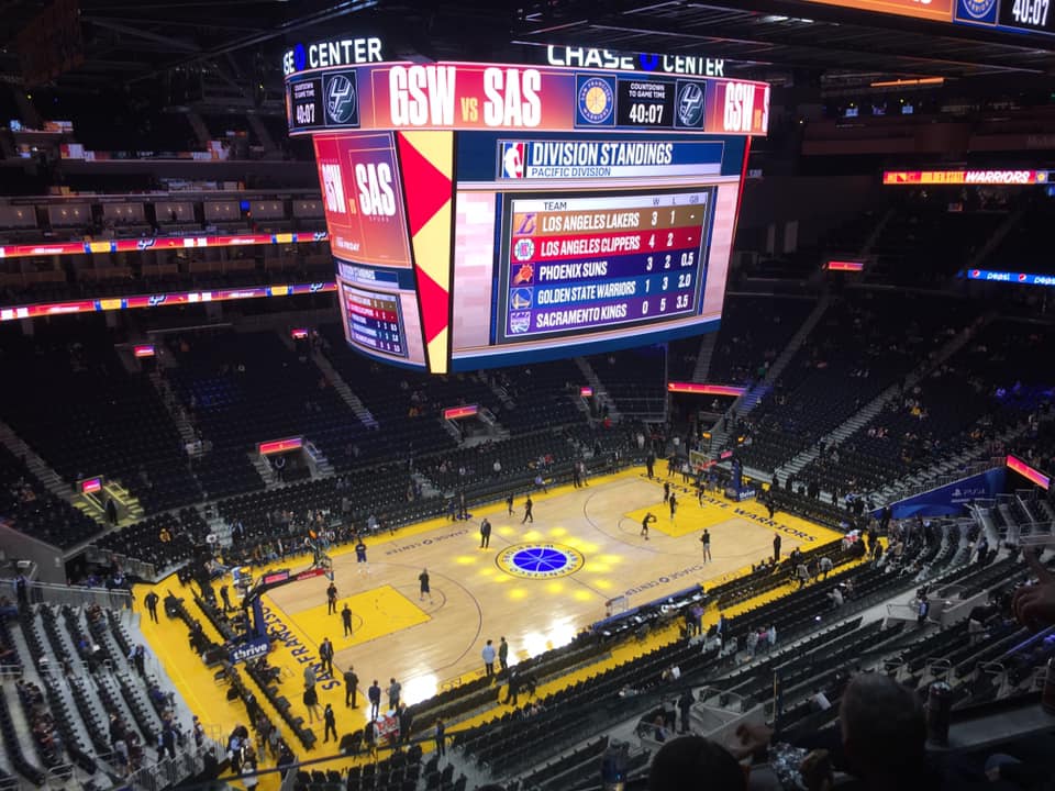 View from the upper level of the Chase Center during a Golden State Warriors game.