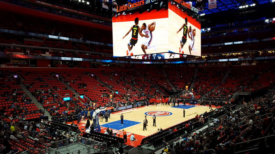 View from the lower level of Little Caesars Arena during a Detroit Pistons game.
