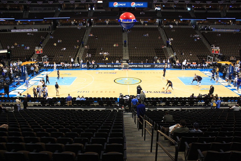Photo of the court at the Pepsi Center, home of the Denver Nuggets.