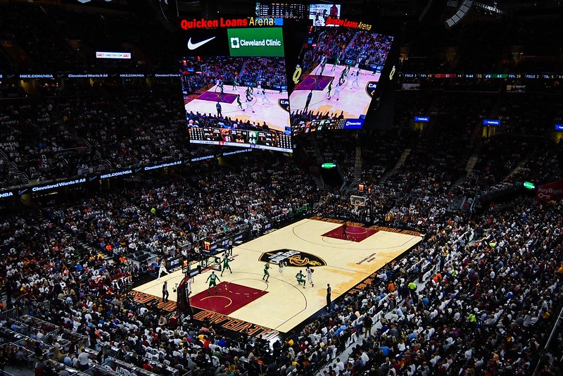 Photo of the court at Rocket Mortage Fieldhouse during a Cleveland Cavaliers home game.