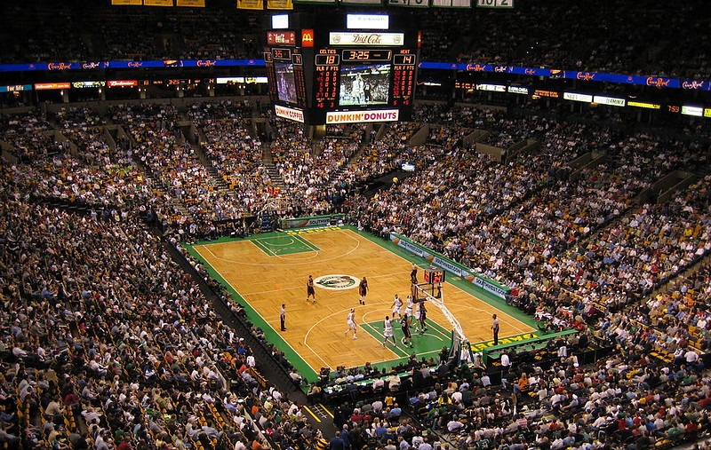 Photo of the court at the TD Garden during a Boston Celtics game.