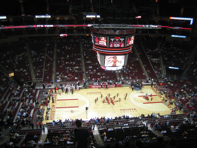 View from the upper level of the Toyota Center during a Houston Rockets game.