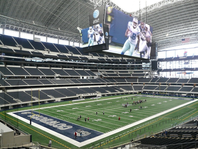 Photo of the playing field at AT&T Stadium, home of the Dallas Cowboys.