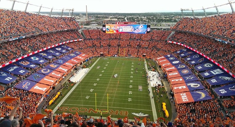 Photo of the playing field at Empower Field at Mile High, home of the Denver Broncos.