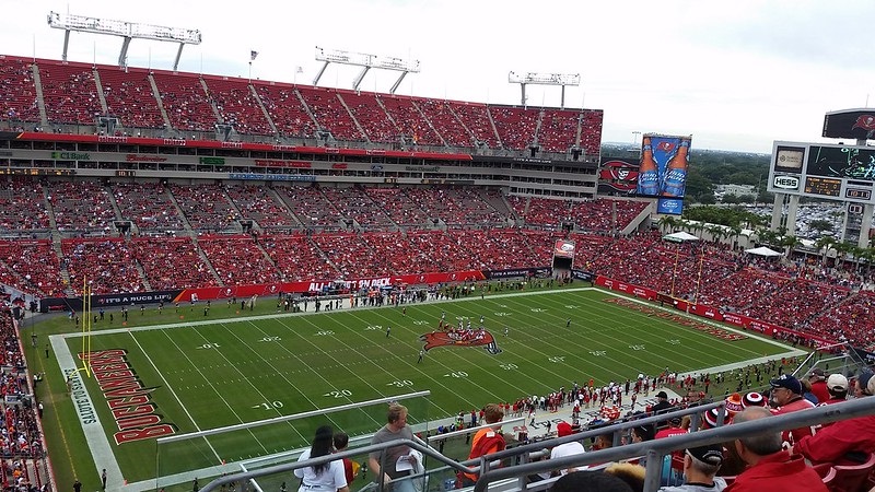 Photo of the field at Raymond James Stadium, home of the Tampa Bay Buccaneers.
