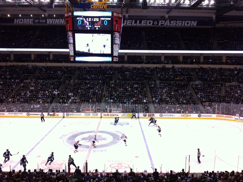 Photo of the ice at the Bell MTS Place during a Winnipeg Jets game.