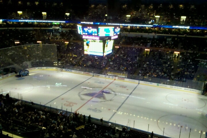 Photo of the ice at the Enterprise Center during a St. Louis Blues game.