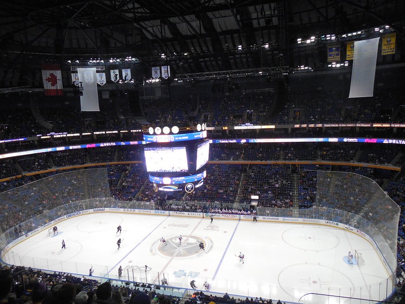 Photo of the ice at the KeyBank Center during a Buffalo Sabres game.