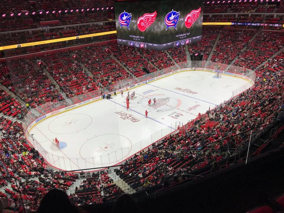 Photo of the ice at Little Caesars Arena during a Detroit Red Wings game.