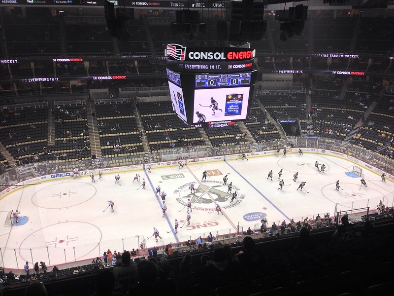 Photo of the ice at PPG Paints Arena during a Pittsburgh Penguins game.