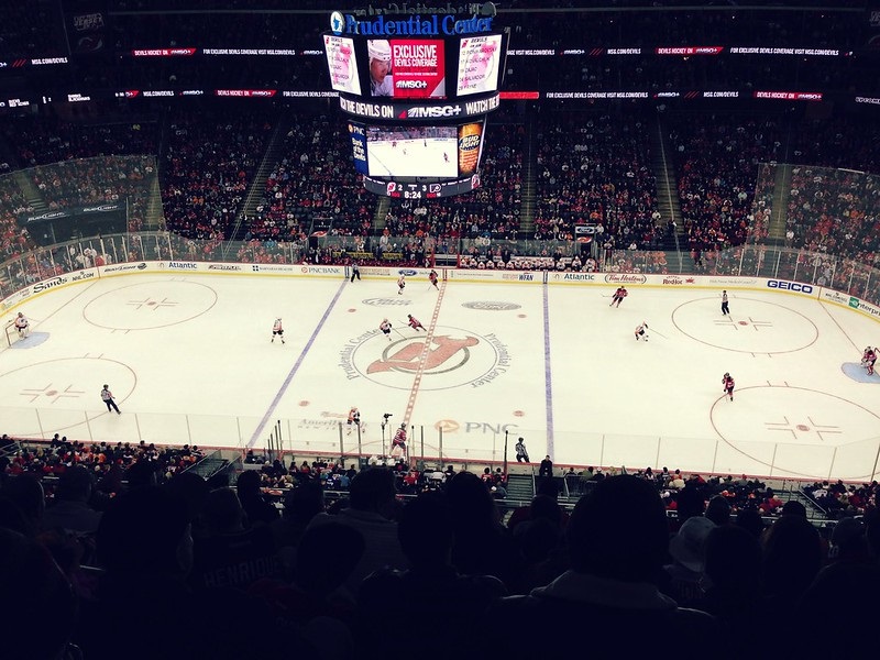 Photo of the ice at the Prudential Center during a New Jersey Devils game.
