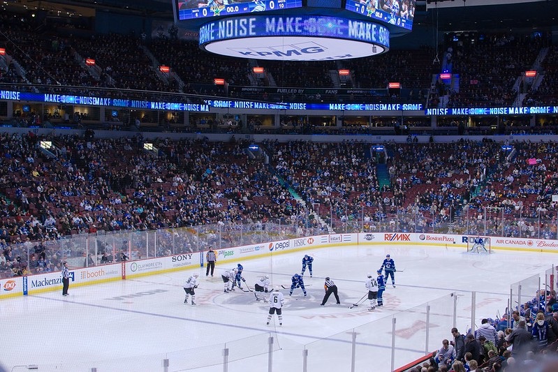 Photo of the ice at Rogers Arena during a Vancouver Canucks game.