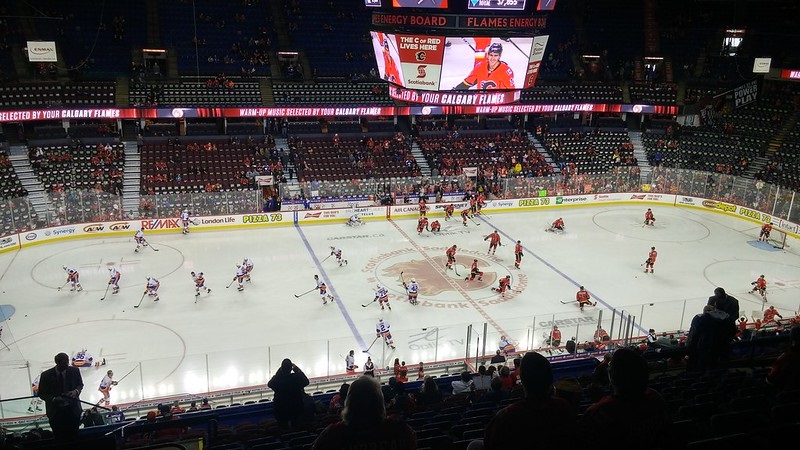 Photo of the ice at the Scotiabank Saddledome during a Calgary Flames game.