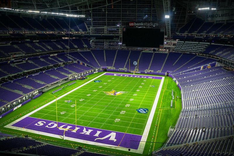Photo of the field at U.S. Bank Stadium, home of the Minnesota Vikings.