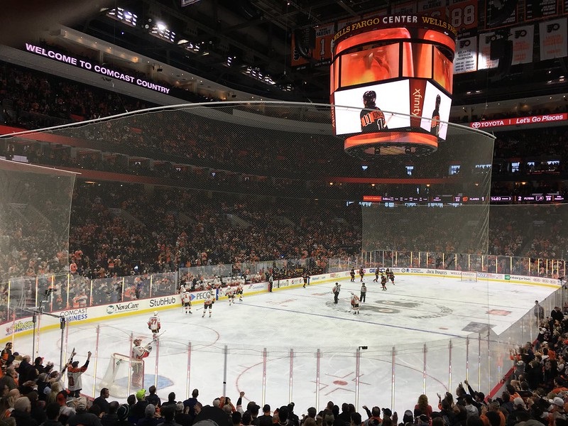 Photo of the ice at the Wells Fargo Center during a Philadelphia Flyers game.