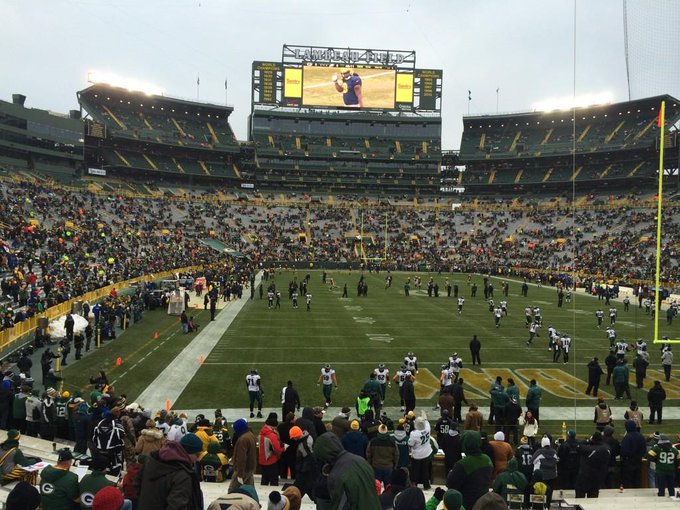 View from the lower level seats at Lambeau Field during a Green Bay Packers game.