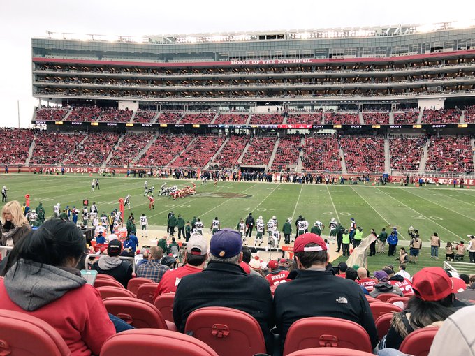 View from the lower level seats at Levi's Stadium during a San Francisco 49ers game.