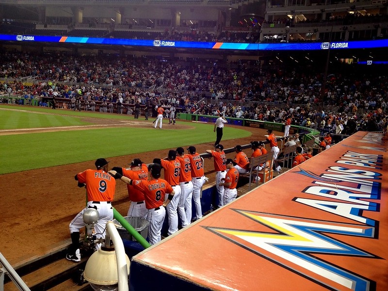 Photo of the Miami Marlins dugout from the Dugout Club seats at Marlins Park.