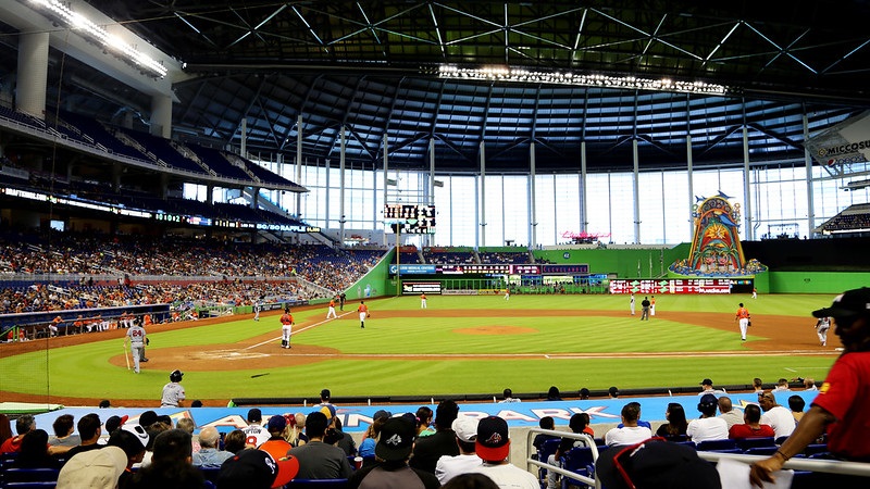 Photo taken from the field level seats at Marlins Park during a Miami Marlins home game.