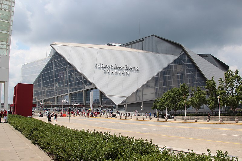 Exterior photo of Mercedes-Benz Stadium. Home of the Atlanta Falcons.