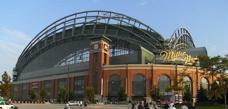 Exterior photo of Miller Park. Home of the Milwaukee Brewers.