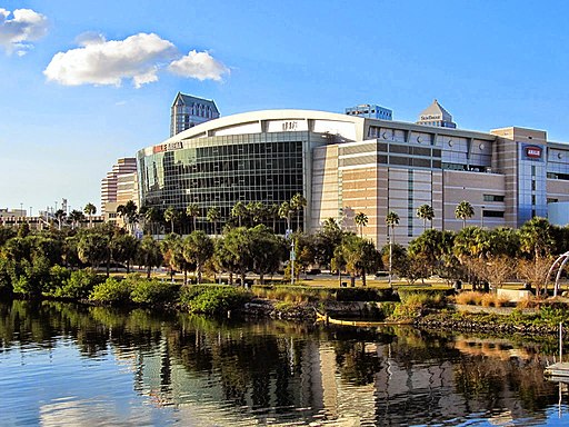 Exterior photo of Amalie Arena. Home of the Tampa Bay Lightning.