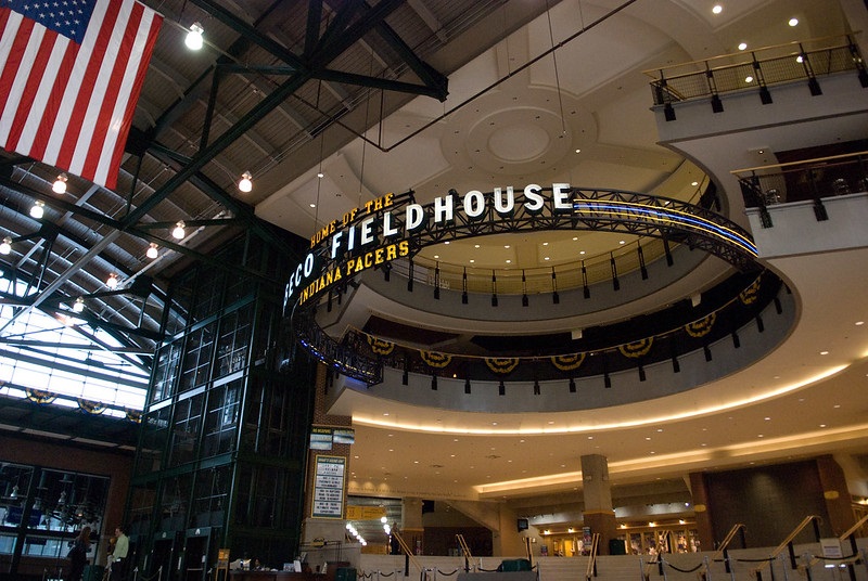 Interior photo of the atrium at Bankers Life Fieldhouse, home of the Indiana Pacers.