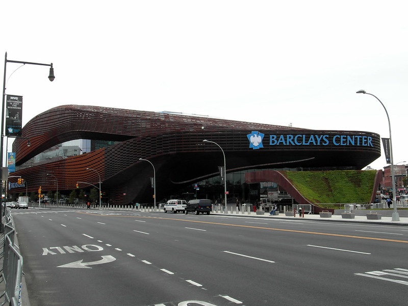 Exterior photo of the Barclays Center in Brooklyn, New York.