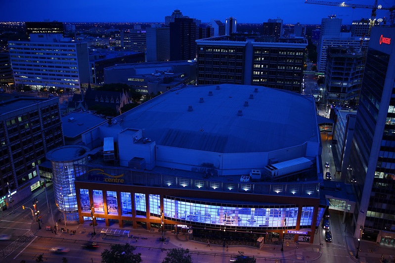 Aerial photo of Bell MTS Place in downtown Winnipeg, Manitoba. Home of the Winnipeg Jets.