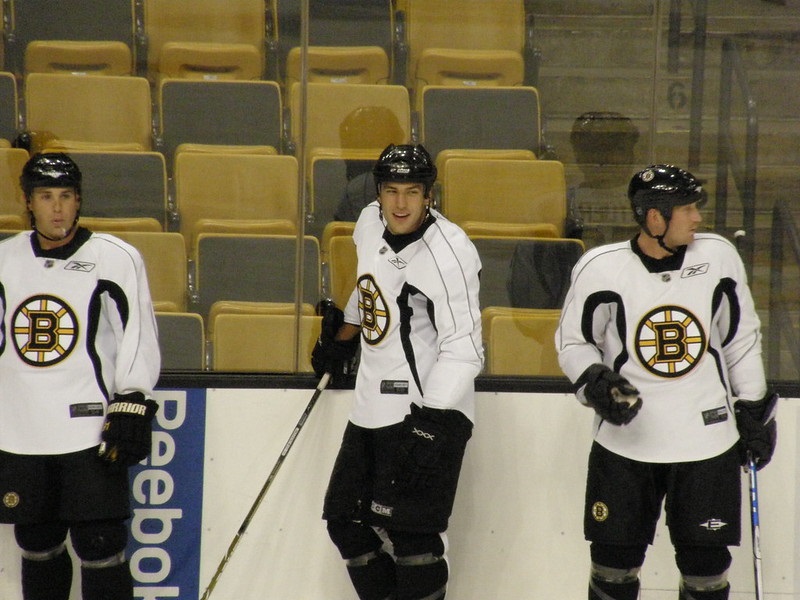 Photo of Boston Bruins players during a morning skate.