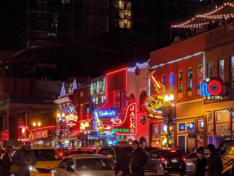 Photo of the bars and restaurants on Broadway in downtown Nashville, Tennessee.
