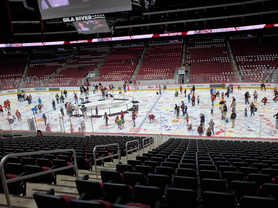 Photo of Arizona Coyotes fans painting the ice at Gila River Arena.