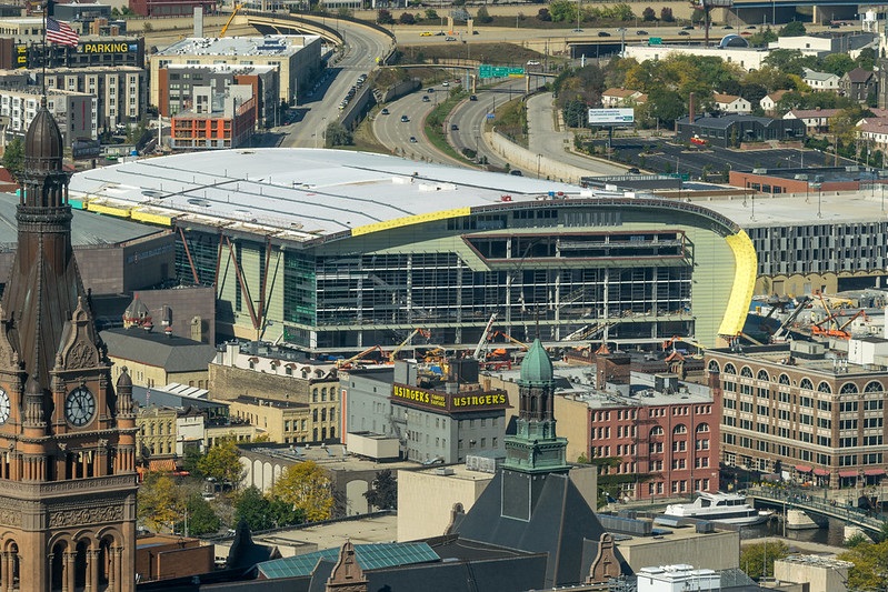 Aerial photo of the construction on the new Milwaukee Bucks' arena.