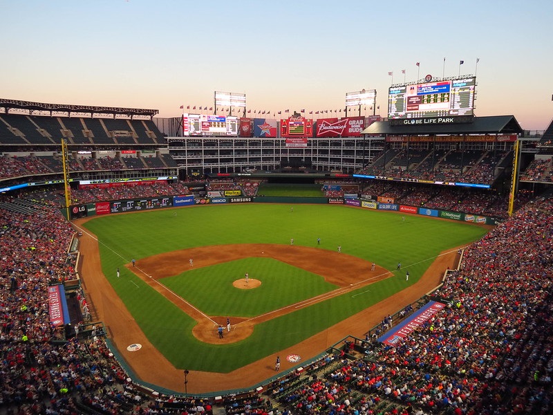 Photo of Globe Life Park in Arlington taken from the upper level during a Texas Rangers game.
