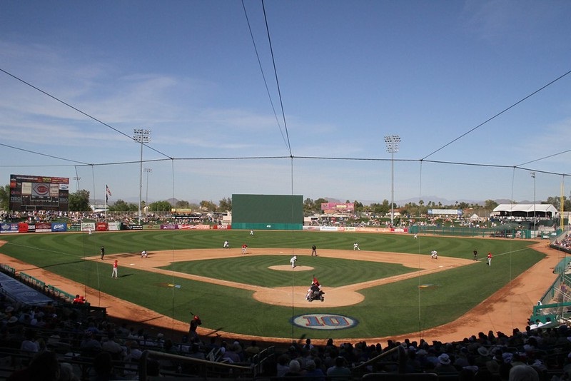Photo of the playing field at Hohokam Stadium in Mesa, Arizona.