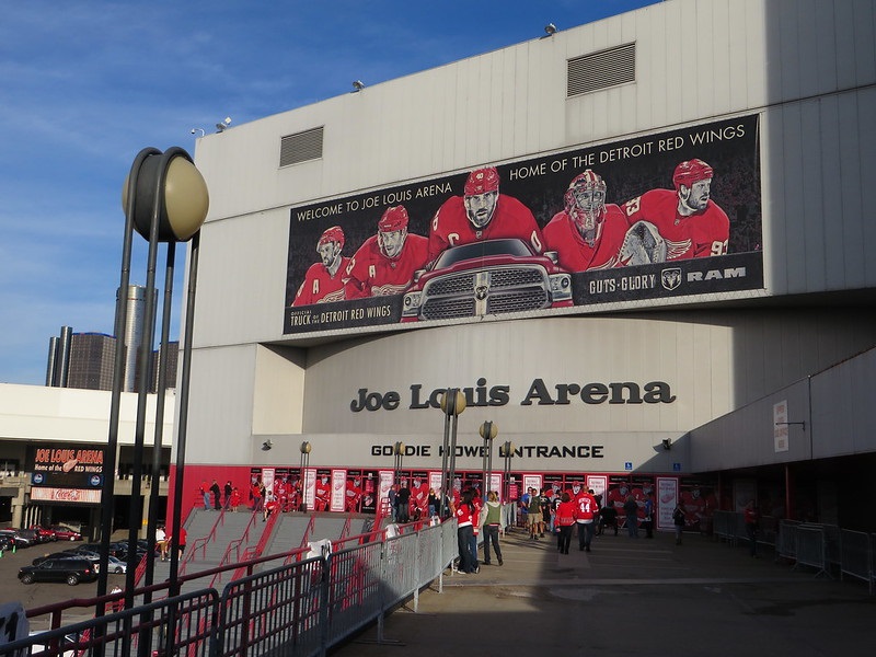 Exterior photo of Joe Louis Arena in Detroit, Michigan. Home of the Detroit Red Wings.