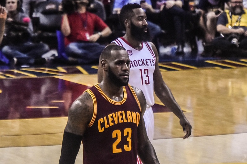 Photo of James Harden of the Houston Rockets and Lebron James of the Cleveland Cavaliers.