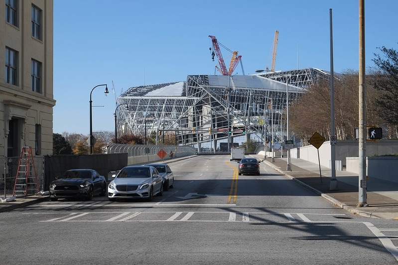 Photo of the Mercedes-Benz Stadium construction site in downtown Atlanta, Georgia.