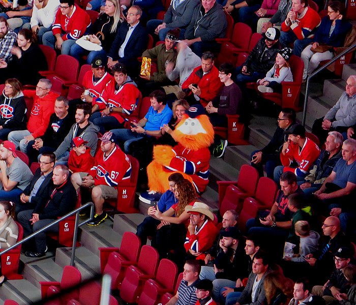 Photo of Montreal Canadiens fans watching a game at the Bell Centre in Montreal, Quebec.