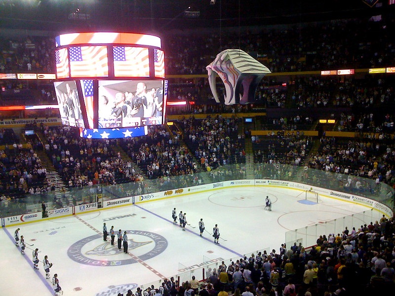 Photo of the ice at Bridgestone Arena during a Nashville Predators home game.