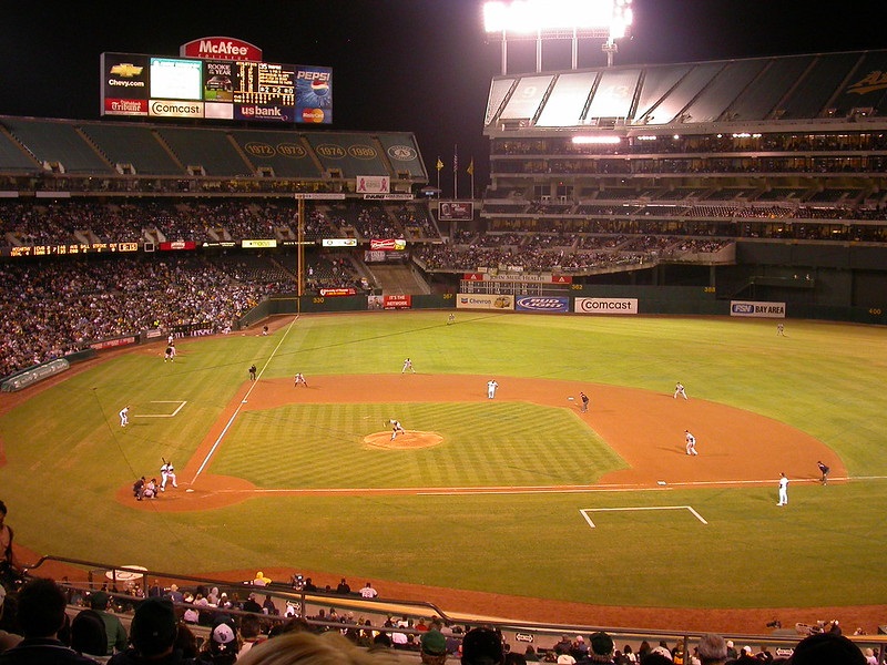 Photo of an Oakland Athletics night game at Oakland Coliseum.