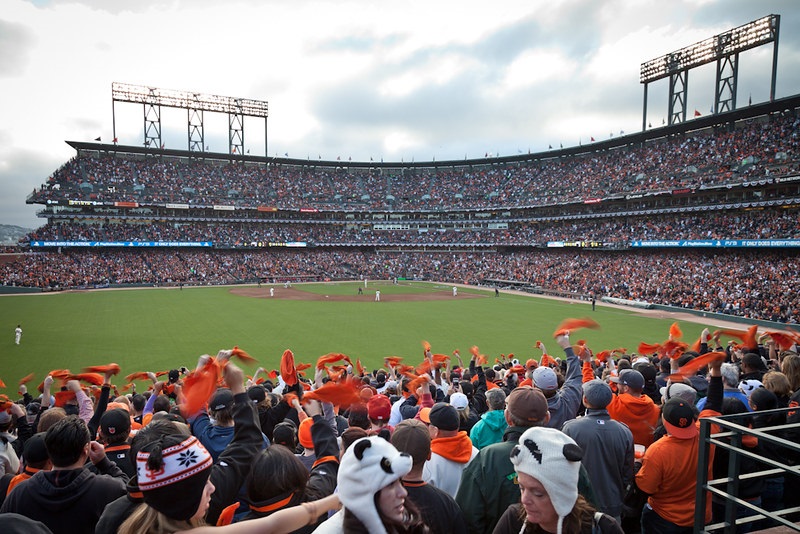 Photo taken from the outfield bleachers of AT&T Park during a San Francisco Giants playoff game.