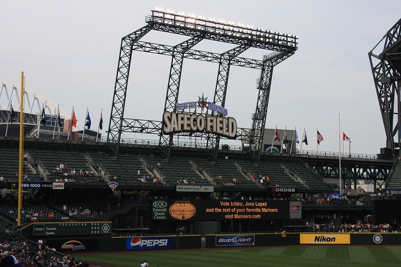 Photo of the outfield seats at Safeco Field during a Seattle Mariners game.