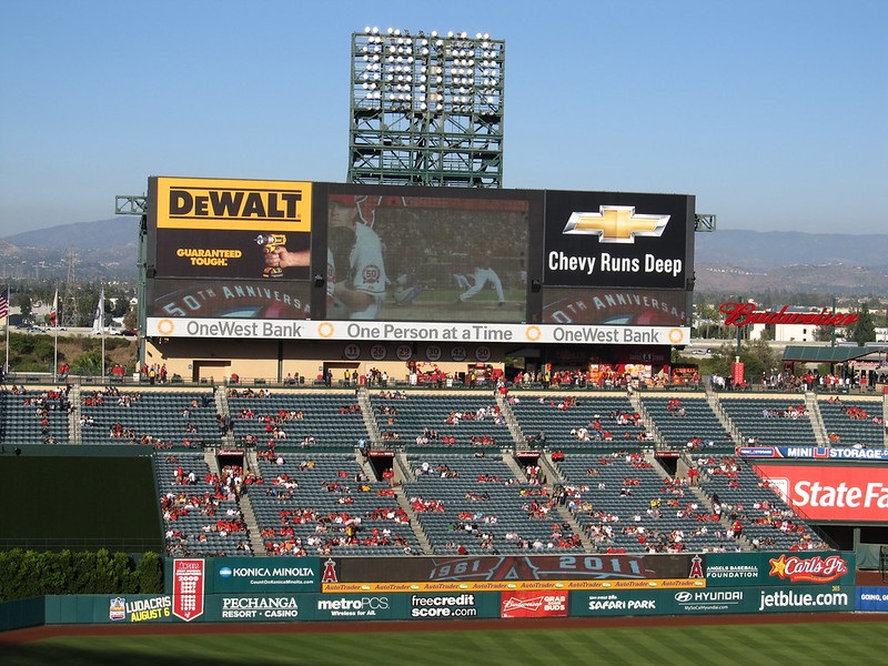 Photo of the outfield wall at Angel Stadium of Anaheim. Home of the Los Angeles Angels of Anaheim.