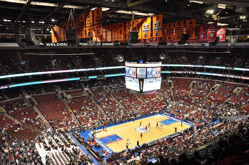 Photo of a Philadelphia 76ers home game at the Wells Fargo Center.