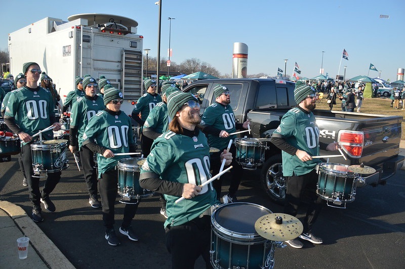 Photo of the Philadelphia Eagles drumline in the tailgate lots of Lincoln Financial Field.