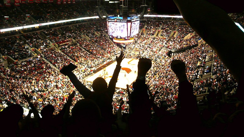 Photo of Portland Trail Blazers fans cheering at the Rose Garden.