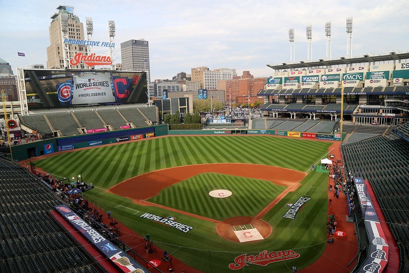 Photo of Progressive Field before a World Series game versus the Chicago Cubs. Home of the Cleveland Indians.