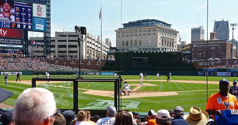 Photo of the protective netting behind homeplate at Comerica Park.